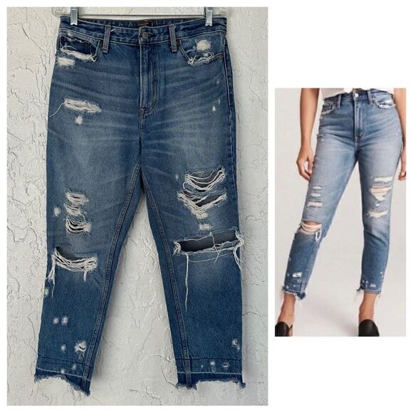 Abercrombie & Fitch Denim - ABERCROMBIE Annie High Rise‎ Girlfriend Distressed Jeans Womens 29 Frayed Hem
